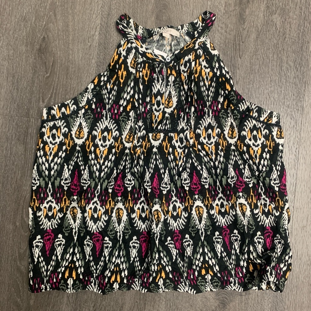 NWT LOFT Tank Top High Neck Halter Linen Blend Tribal Boho Print Women’s Large